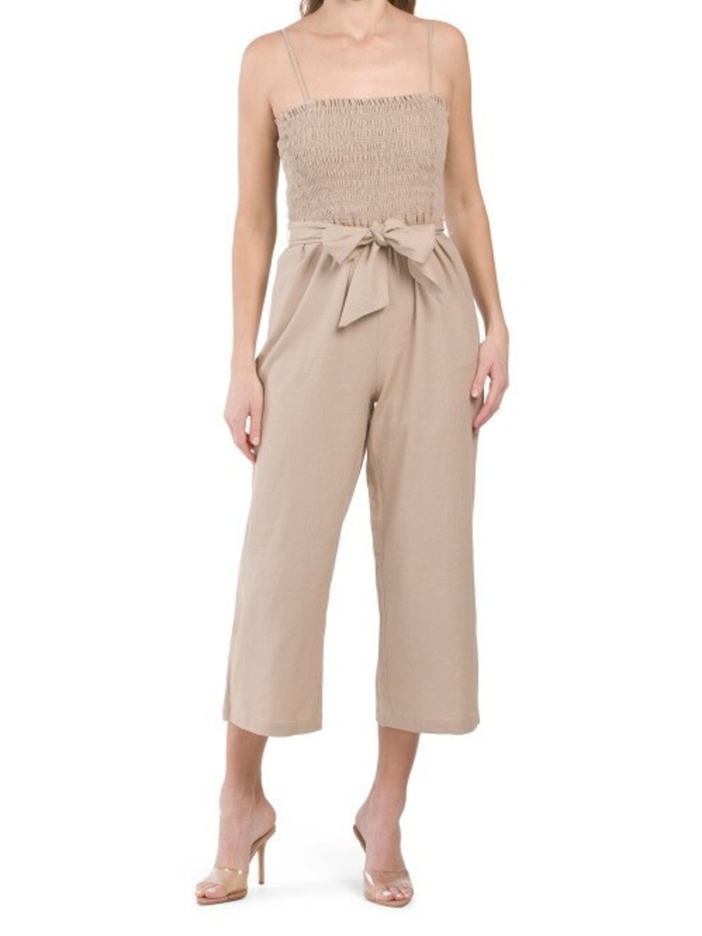 House of Harlow 1960 Beige Smocked Strap Jumpsuit with Waist Tie